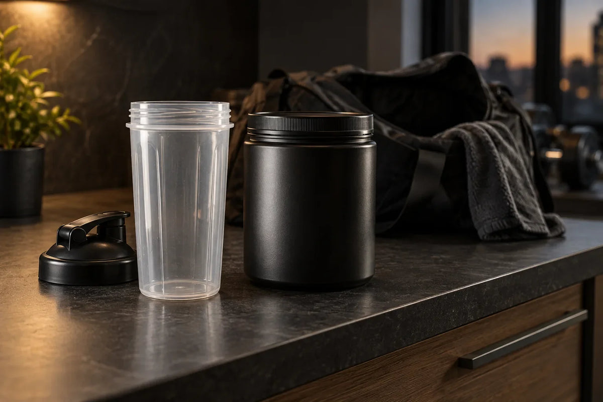 An empty shaker and sealed unbranded tub on an evening kitchen counter; AI-generated editorial illustration.