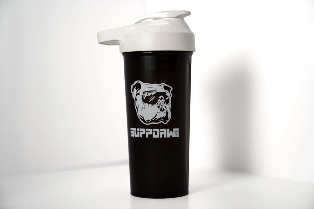 Black SuppDawg shaker with a white lid