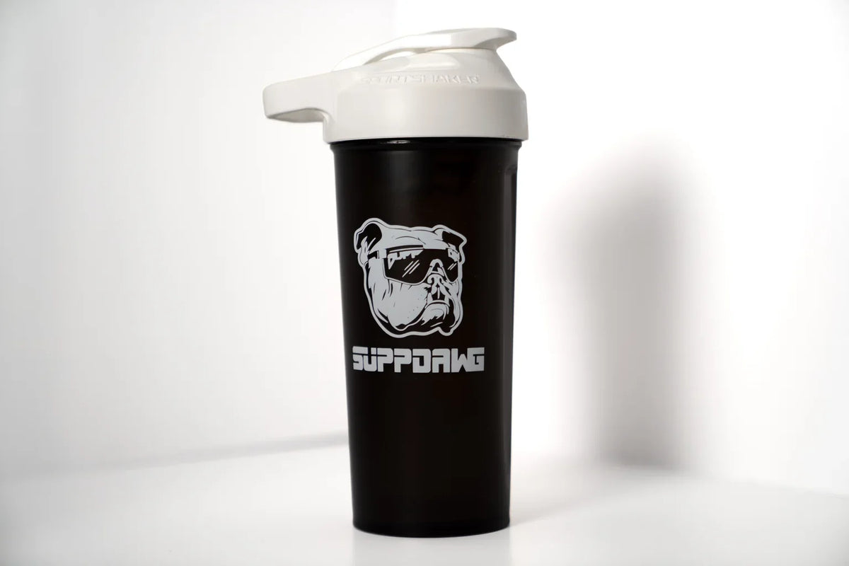 Black SuppDawg shaker with a white lid
