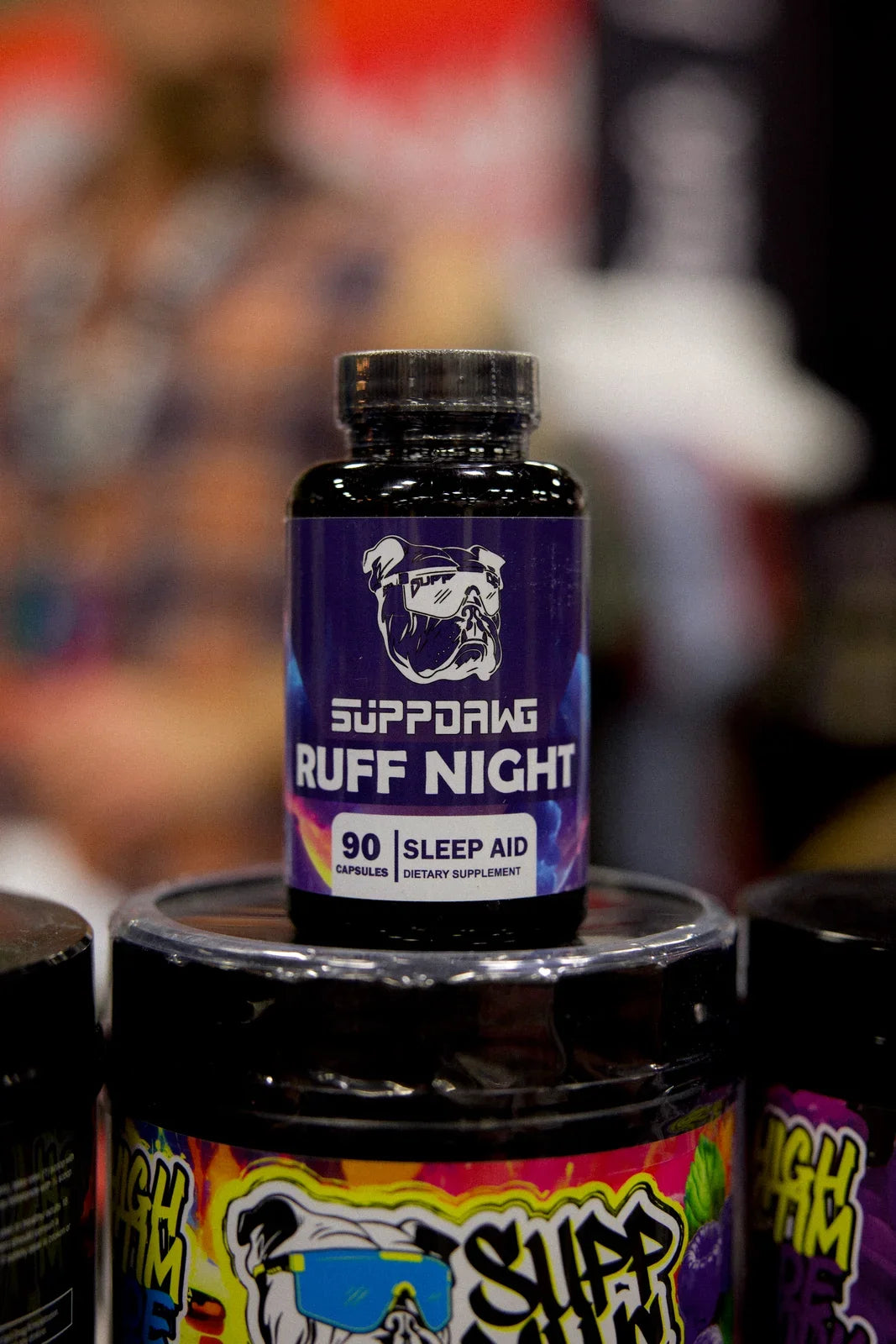 Ruff Night bottle on a SuppDawg product display