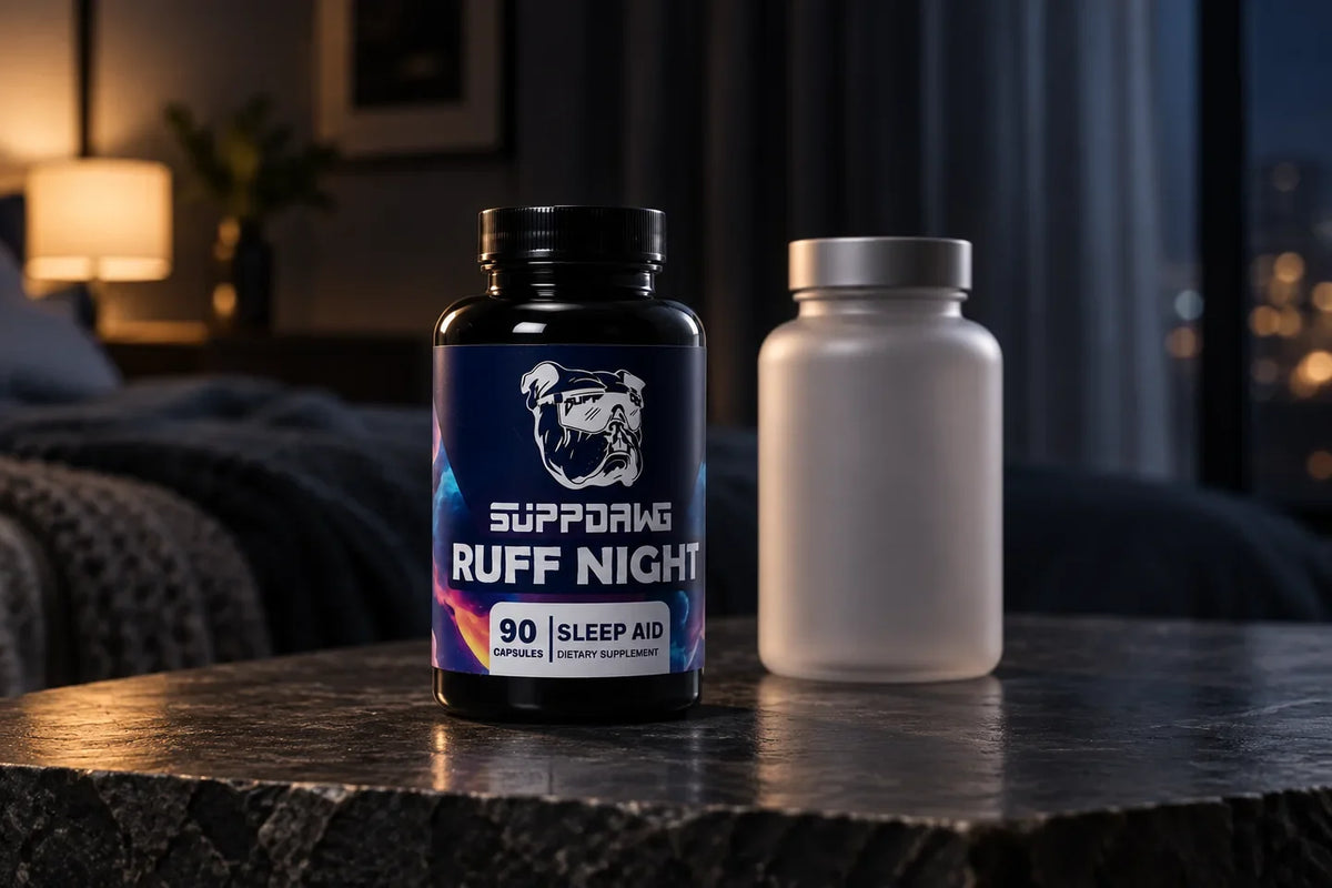 AI-assisted scene of Ruff Night beside an unlabeled illustrative bottle; the second bottle is not Gorilla Dream.