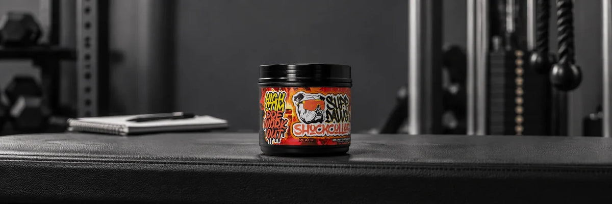 Peach Shock Collar on a gym bench; composition created from SuppDawg product photography