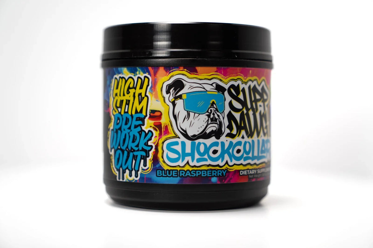 Blue Raspberry Shock Collar high-stim pre-workout tub on a light background