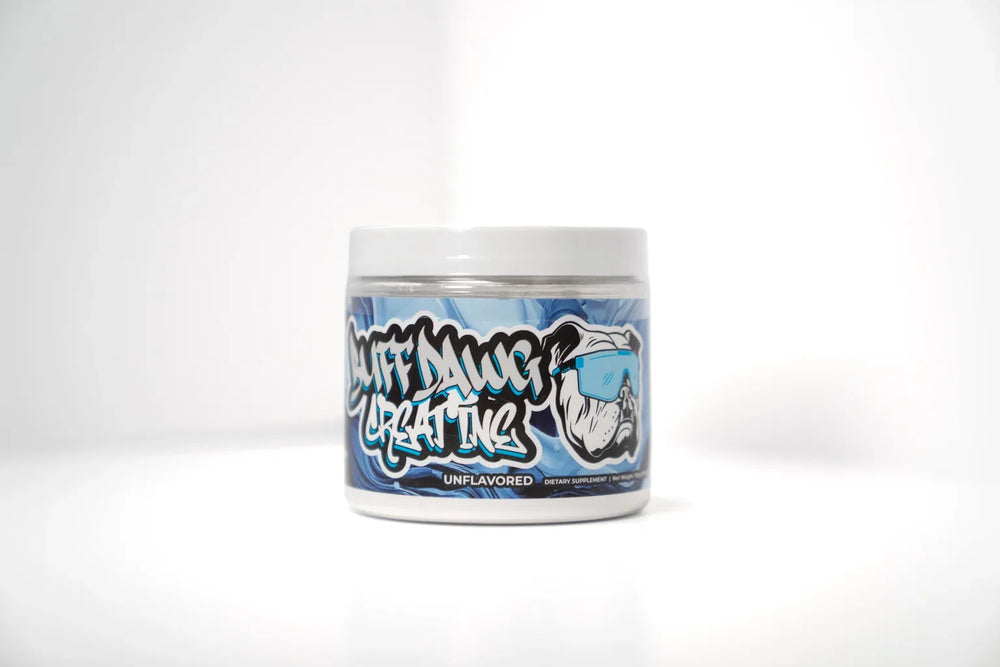 Unflavored Buffdawg creatine tub photographed on a white background