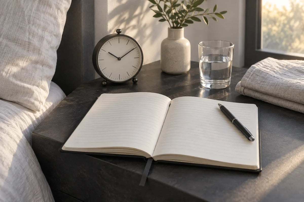 AI-generated sleep-diary scene with a blank notebook, pen, clock and water glass.