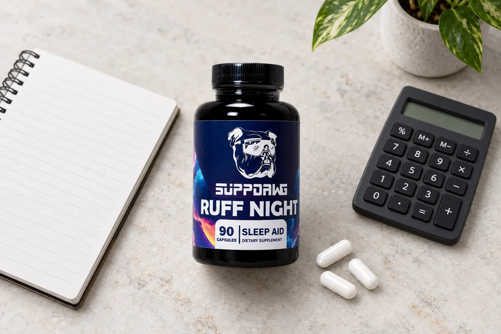 Ruff Night bottle beside a notebook and calculator on pale stone