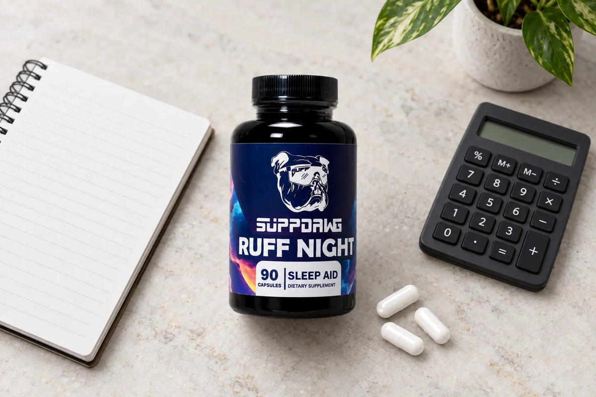 Ruff Night bottle beside a notebook and calculator on pale stone
