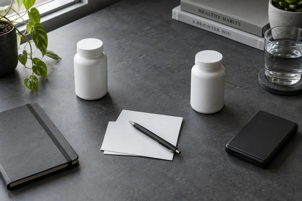 AI-generated scene of two closed unbranded bottles separated by blank ingredient-comparison notes.