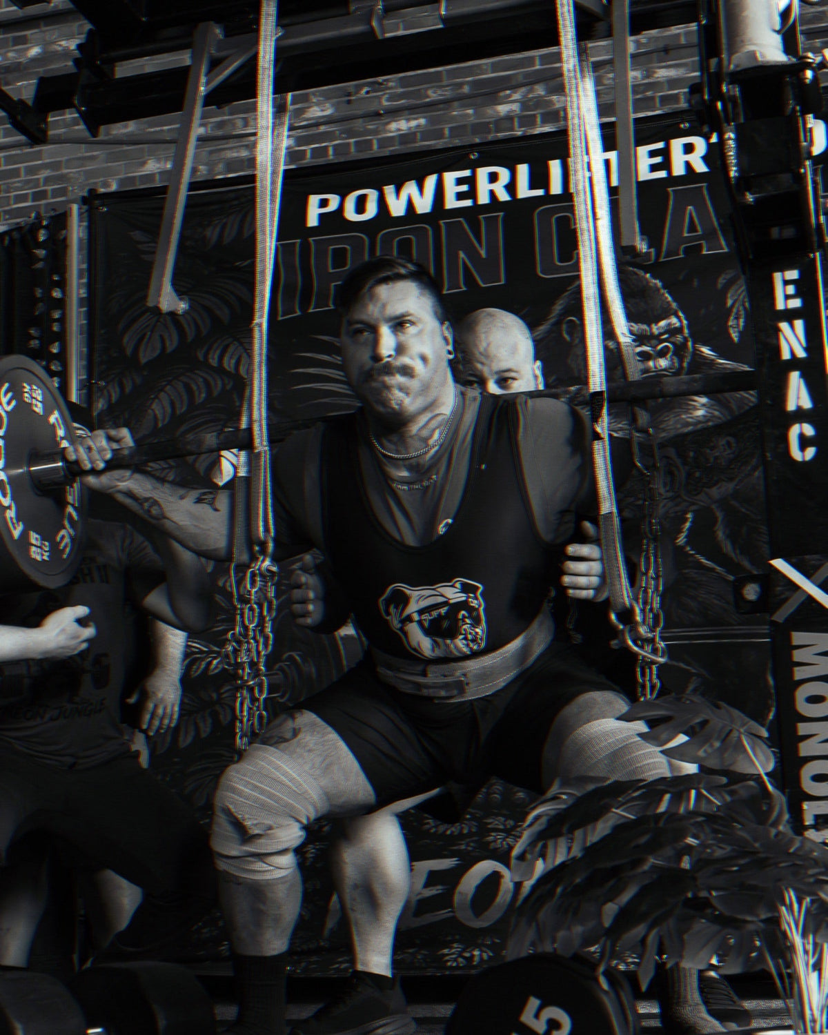 SuppDawg strength athlete preparing for a squat with spotters