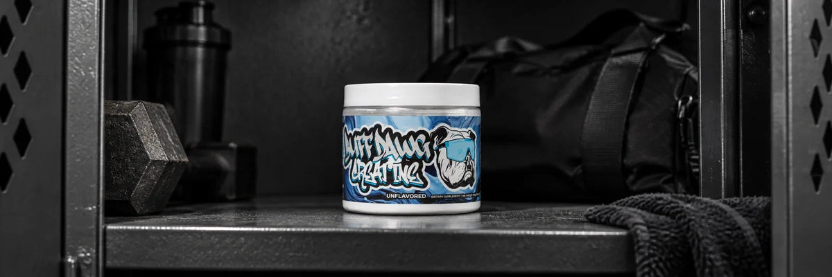 BuffDawg creatine tub on a locker shelf with a gym bag.