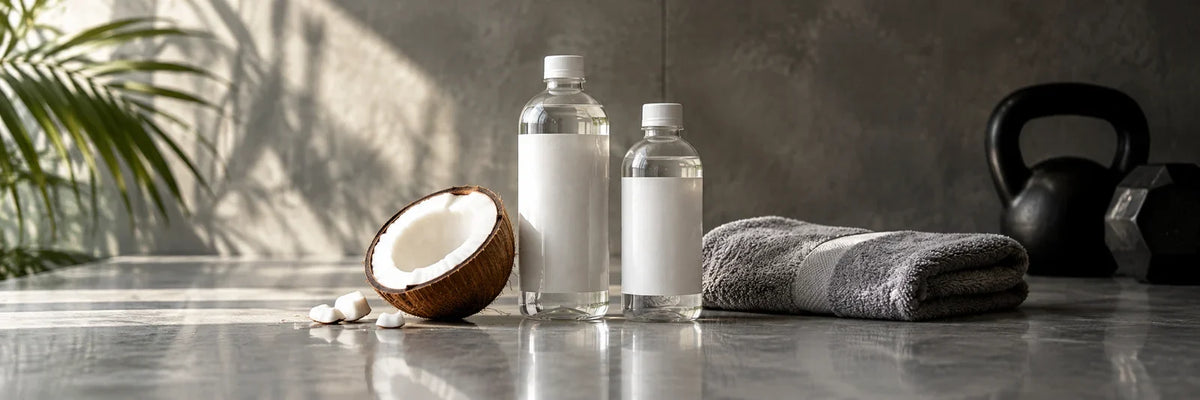 Open coconut beside two unbranded drink bottles and a workout towel.
