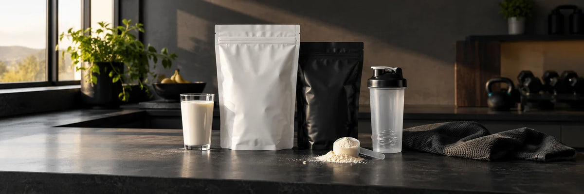Unbranded protein pouches with a glass and shaker on a kitchen counter.
