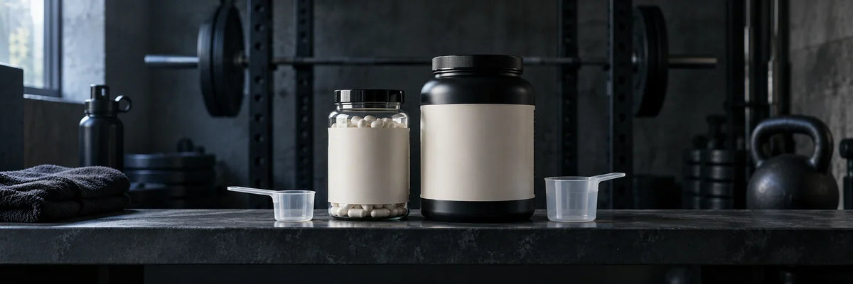 Two unbranded powder containers and scoops on a gym counter.