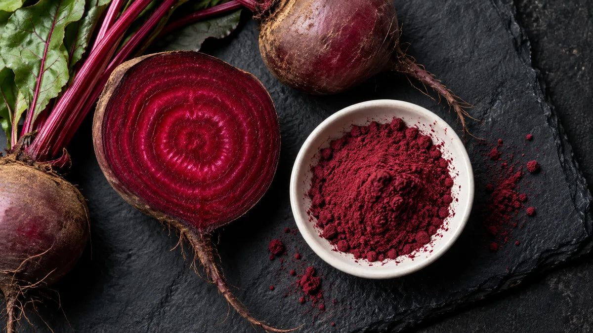 Cut beetroot and beet powder arranged on black slate.
