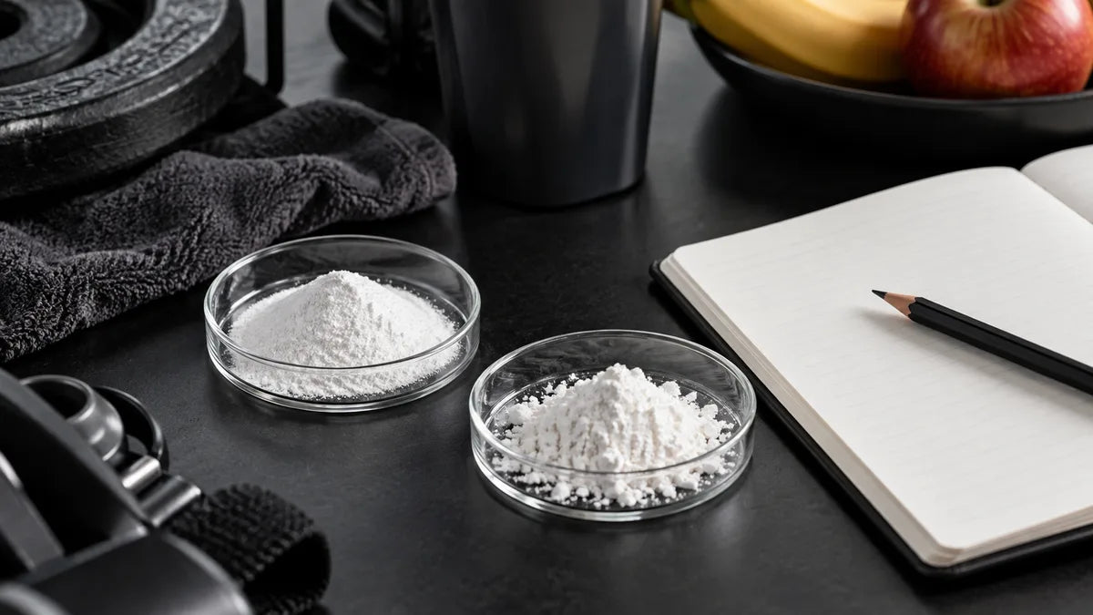 Two unbranded powder dishes beside a training notebook on a dark desk.