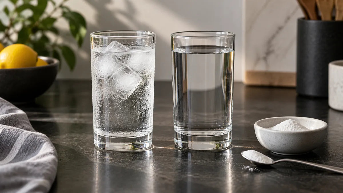 Two drinking glasses, one with ice, beside a small dish of white powder.