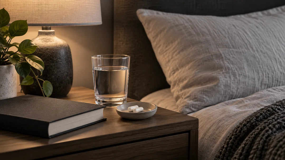 A book, water and white capsules on a calm bedside table beside linen bedding.