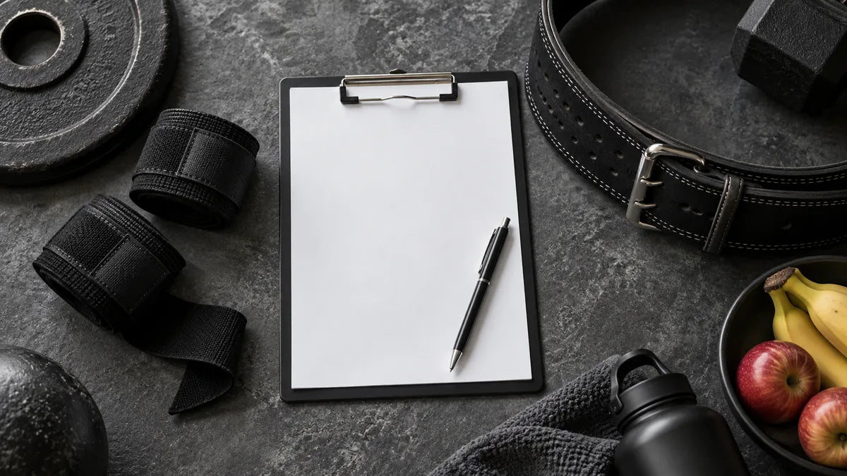 Lifting belt and wrist wraps beside a blank clipboard.