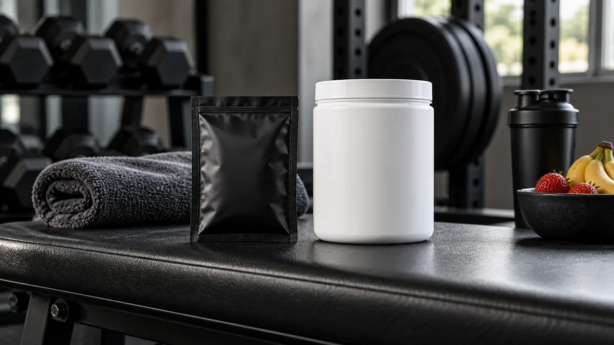 An unbranded black sachet and white supplement tub on a gym bench beside a towel.