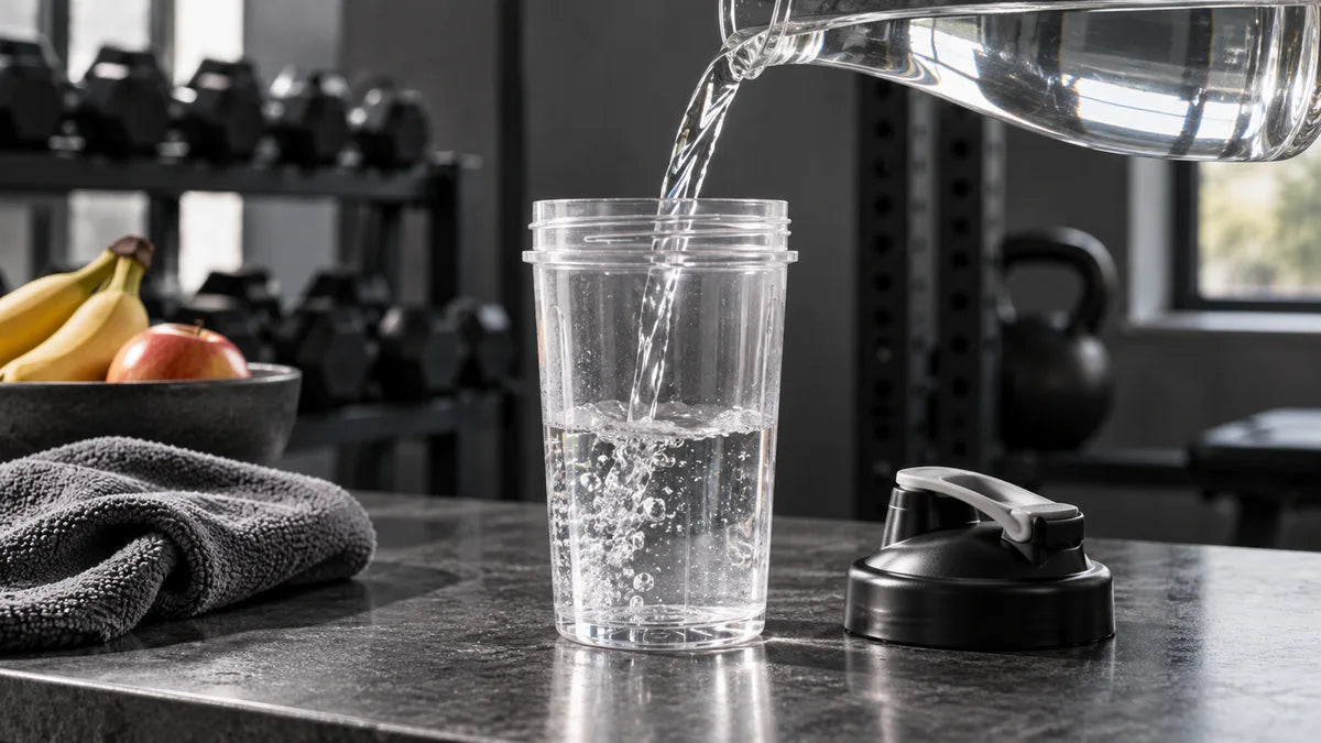 Water pouring from a glass carafe into a clear shaker on a dark surface.