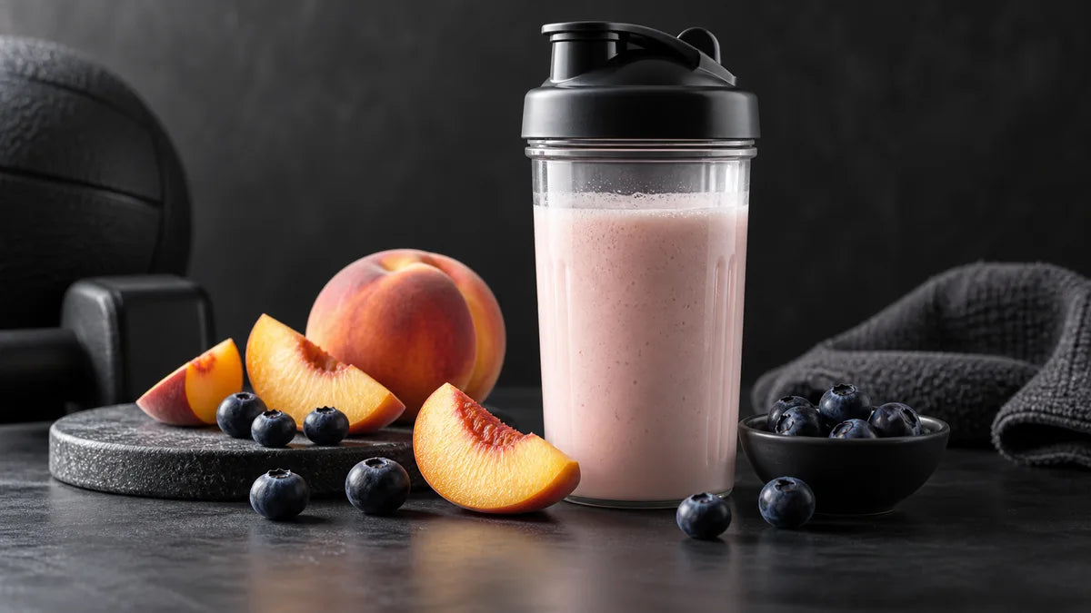 Peach slices and blueberries beside a clear shaker with a pale pink drink.