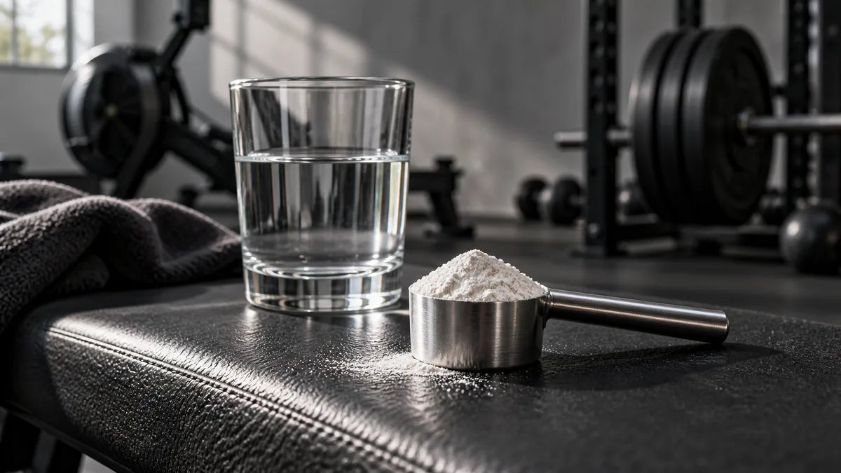 White powder in a steel scoop beside water on a charcoal gym bench.