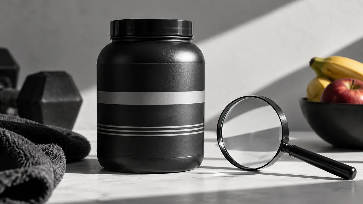 Magnifying glass beside an unbranded black supplement container.