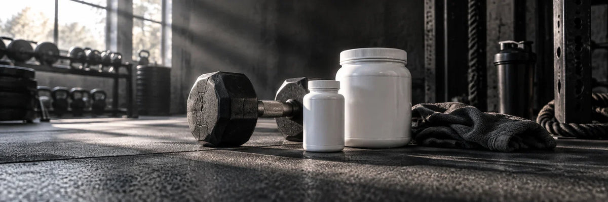 Unbranded supplement containers beside a dumbbell on a gym floor.