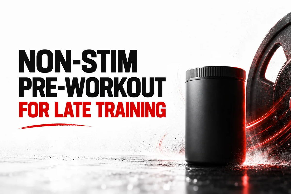AI editorial cover reading Non-Stim Pre-Workout for Late Training beside an unbranded black tub and weight plate.