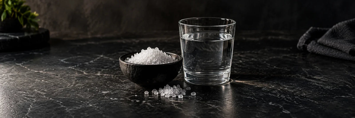 Small bowl of salt beside a glass of water on a dark counter.