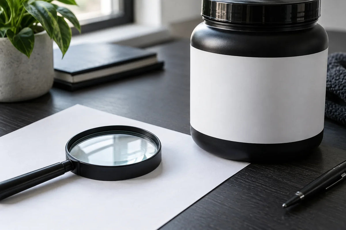 A magnifying glass on a blank document beside an unbranded tub; AI-generated editorial illustration.