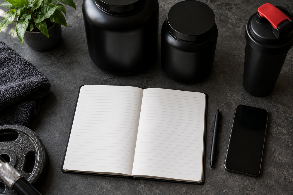 AI-generated editorial illustration of an inventory notebook, plain containers, phone and black-and-red shaker