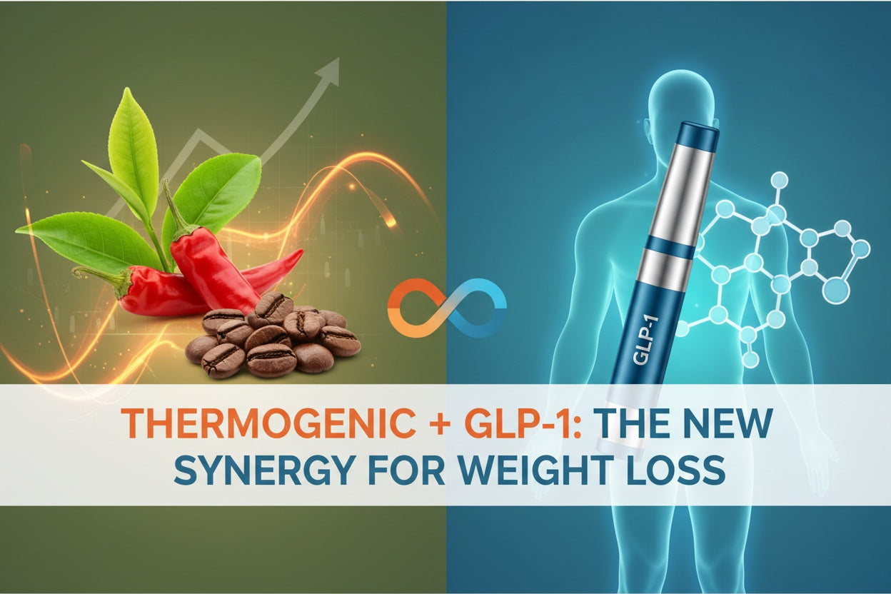Infographic showing the synergy between thermogenic ingredients like chili and coffee with GLP-1 for weight loss.