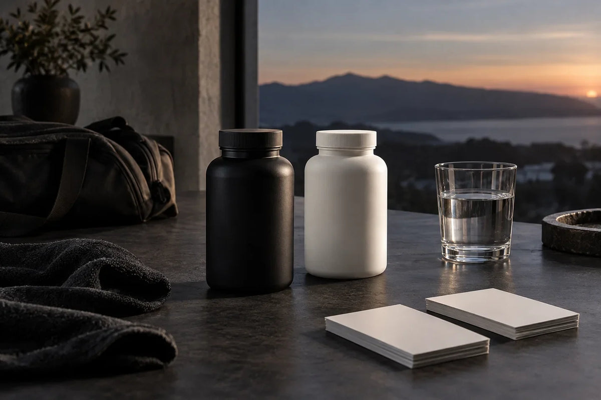 AI-generated editorial scene of two unlabeled supplement bottles and blank comparison cards.