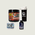 Daily Dawg Stack with Shock Collar Peach, Ruff Night, Buffdawg and a black-and-white SuppDawg SportShaker; example flavor shown