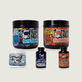 The Whole Dawg Stack with Shock Collar, Bite Down, Ruff Night, Hot Dawg and Buffdawg; example flavors shown