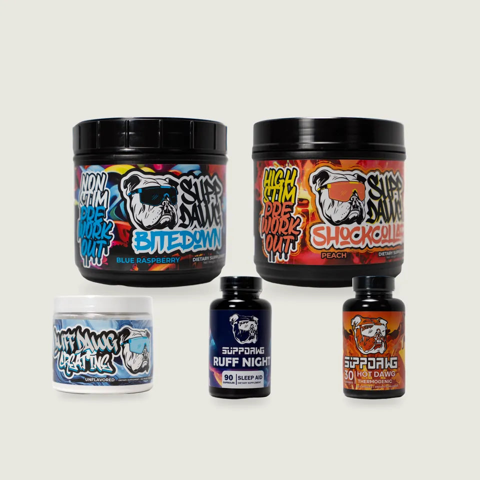 The Whole Dawg Stack with Shock Collar, Bite Down, Ruff Night, Hot Dawg and Buffdawg; example flavors shown