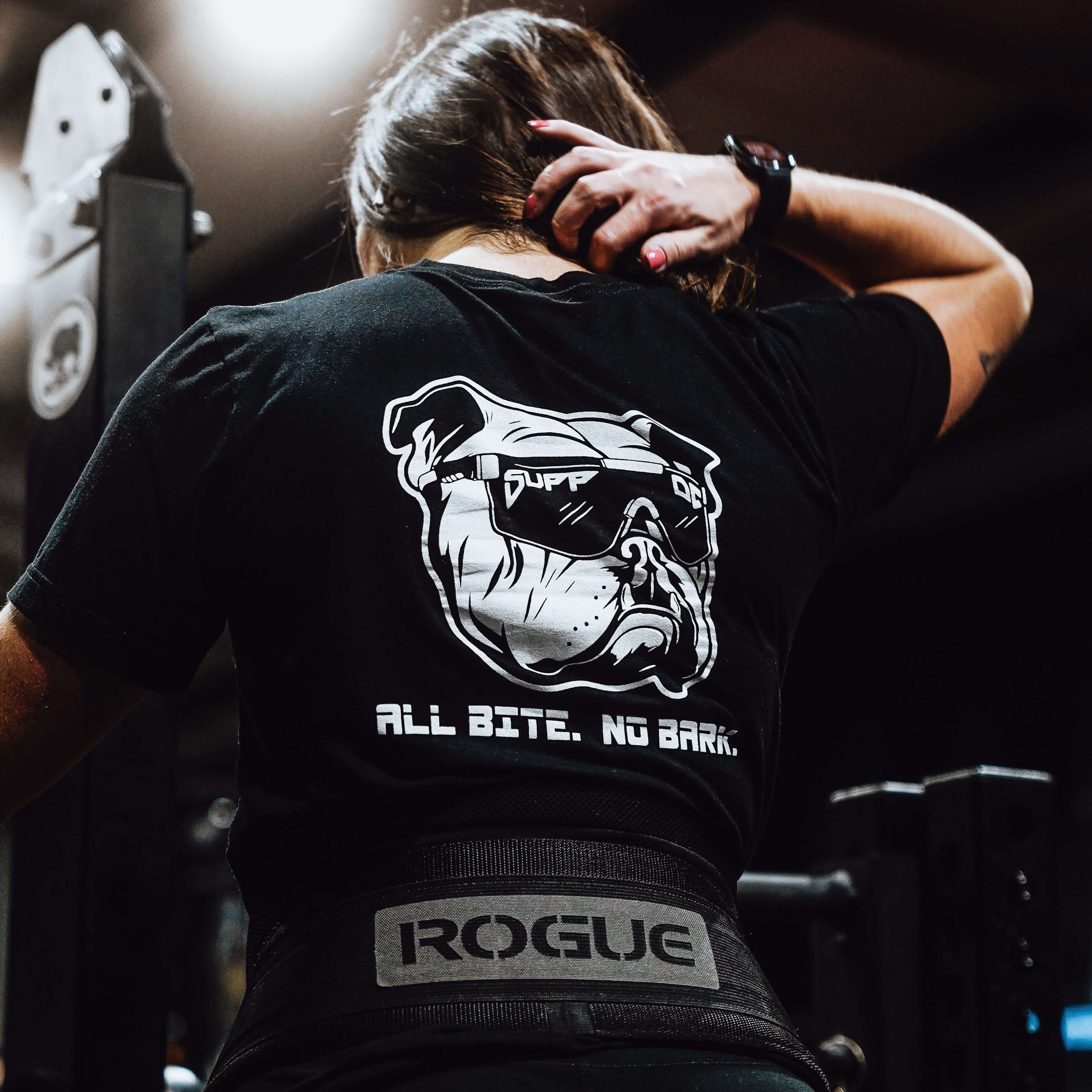 SuppDawg Logo T-shirt featuring a bulldog design, perfect for workouts, offering comfort and a great fit.