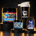 AI-assisted Daily Dawg campaign composition: one each Shock Collar, Buffdawg creatine, Ruff Night and 27 oz SuppDawg shaker. Blue Raspberry example; choose flavor and refer to authentic product labels.