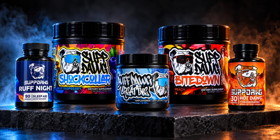 AI-assisted SuppDawg stack lineup with Shock Collar, Bite Down, Buffdawg, Ruff Night and Hot Dawg. Example flavors shown.