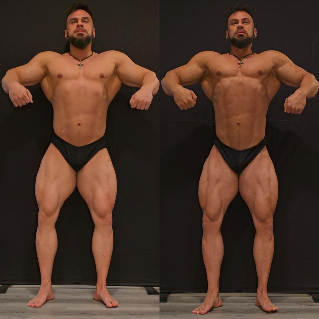 SuppDawg bodybuilding athlete posing during contest preparation