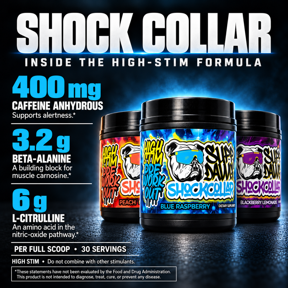 Shock Collar ingredient overview showing Peach, Blue Raspberry and Blackberry Lemonade tubs; each tub sold individually