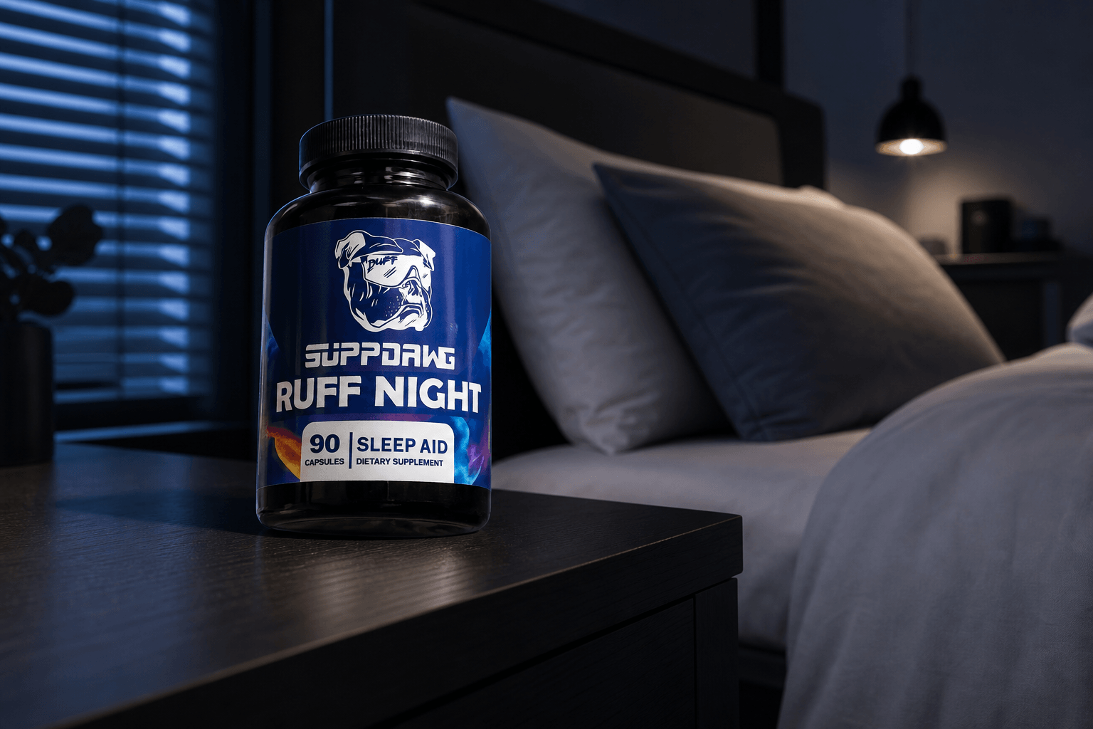 Ruff Night bottle beside a calm modern bed at night