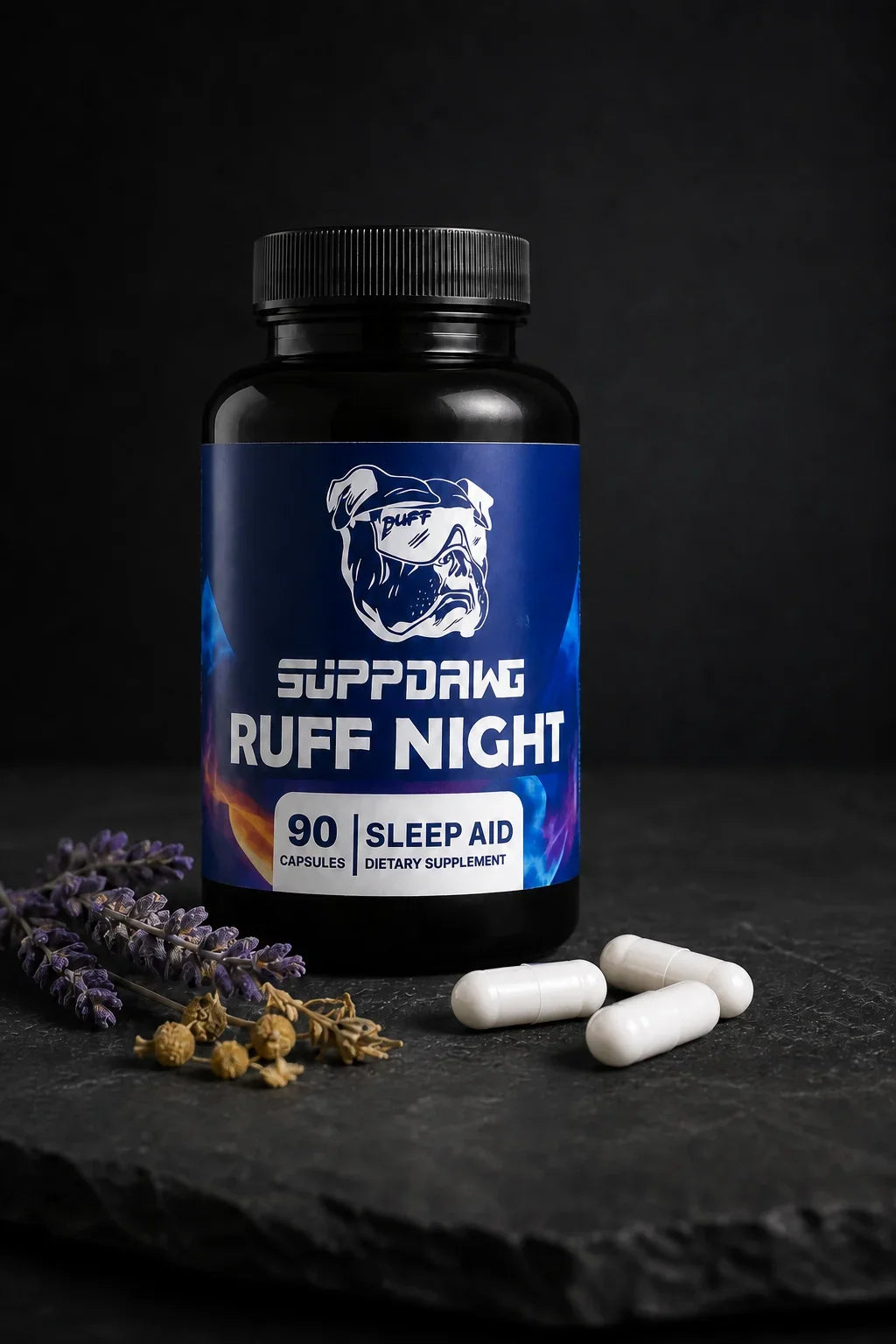 Ruff Night bottle with three white capsules in a dark studio setting