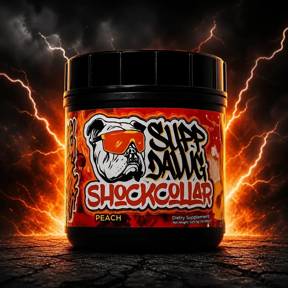 Shock Collar Peach high-stim pre-workout on a black and orange lightning set