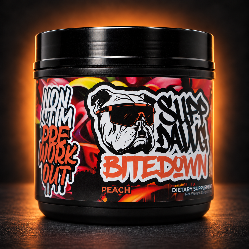 SuppDawg Bite Down Peach studio-style product creative