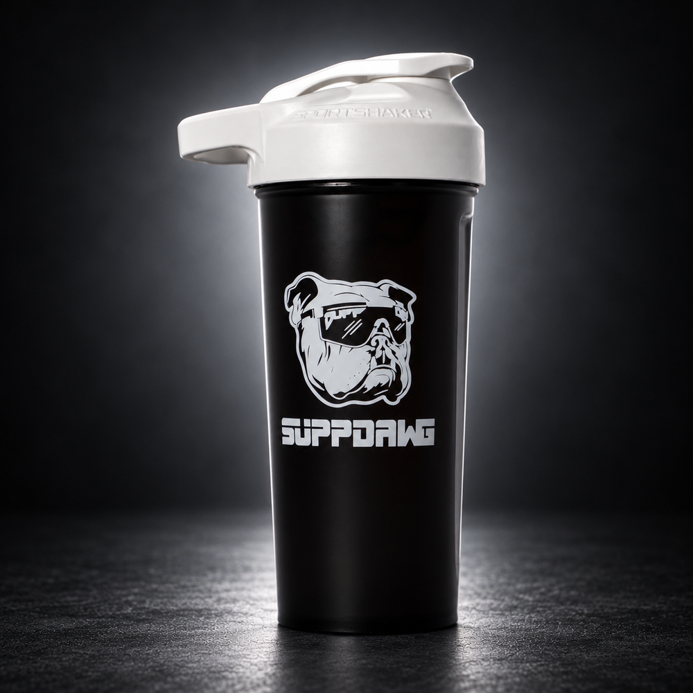 SuppDawg 27 oz SportShaker studio-style creative based on the authentic black cup and white lid