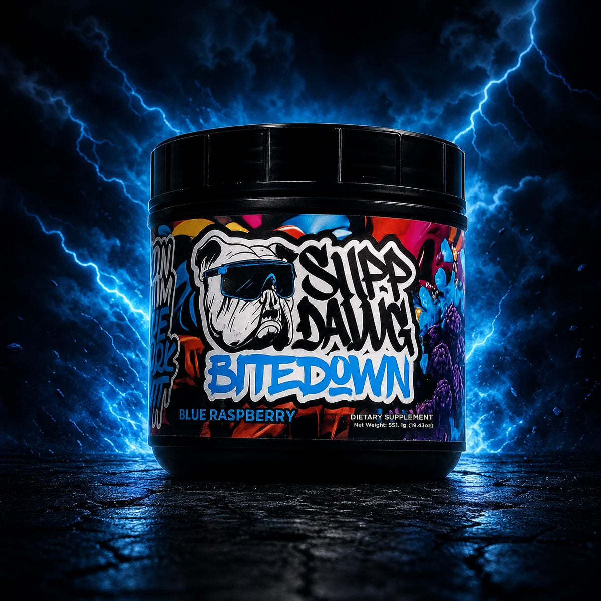 Bite Down Blue Raspberry caffeine-free pre-workout campaign