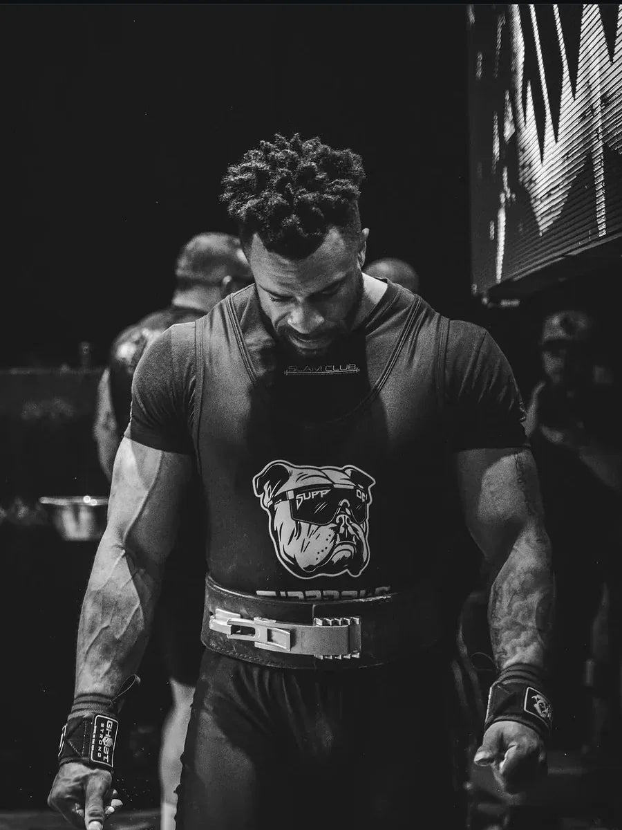 SuppDawg powerlifting athlete preparing backstage