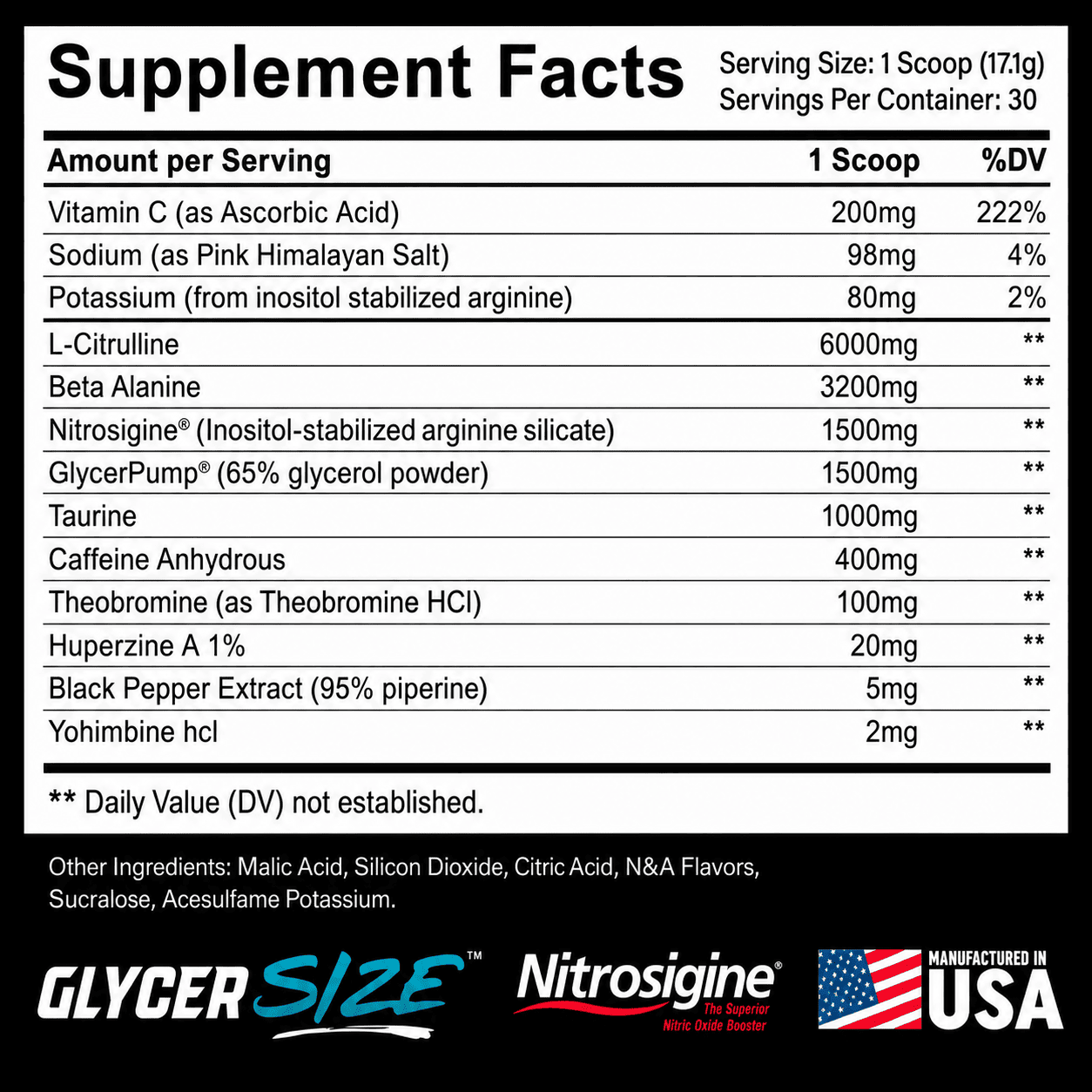 Shock Collar Supplement Facts panel showing all ingredient amounts per scoop